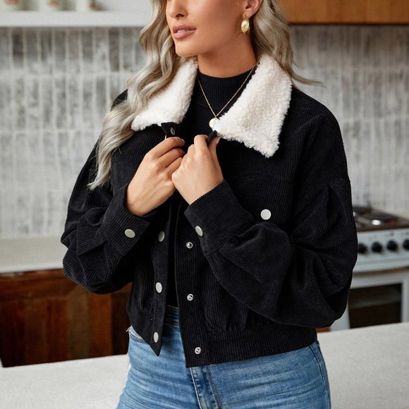 Black Casual Womens Borg Collar Drop Shoulder Corduroy Jacket - Picture 4 of 5